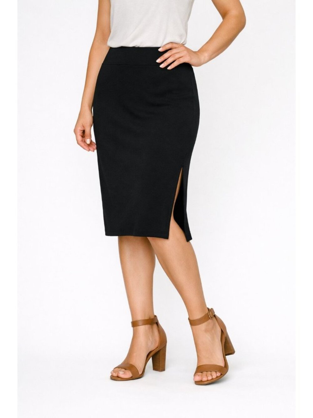 Catherine Malandrino Black Pull‑On Midi Skirt with Side Slit – Rayon Blend Sz M